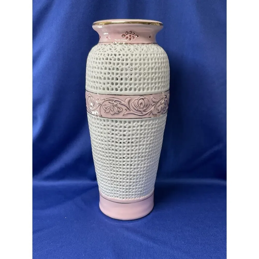 Unique Open Weave Pink and White Vase with Gold Trim